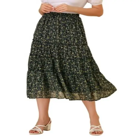 Allegra K Women's Floral Elastic Waist Tiered Ruffle Boho Midi Skirts image {8}