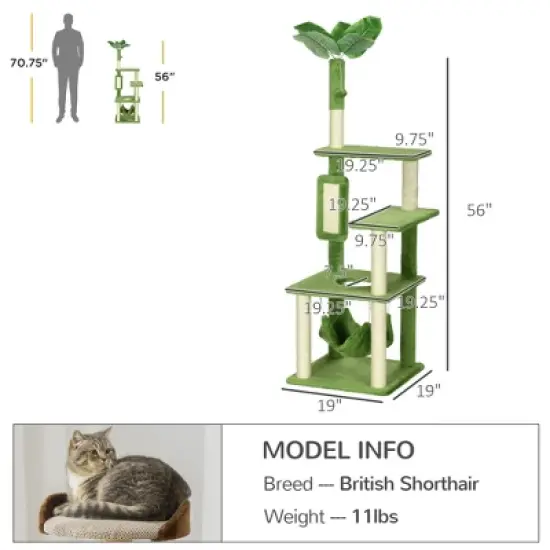 SKYONE Indoor Cat Tree with Sisal Scratching Posts, Hammock, Multi-Level Perches & Condo - Green image {1}