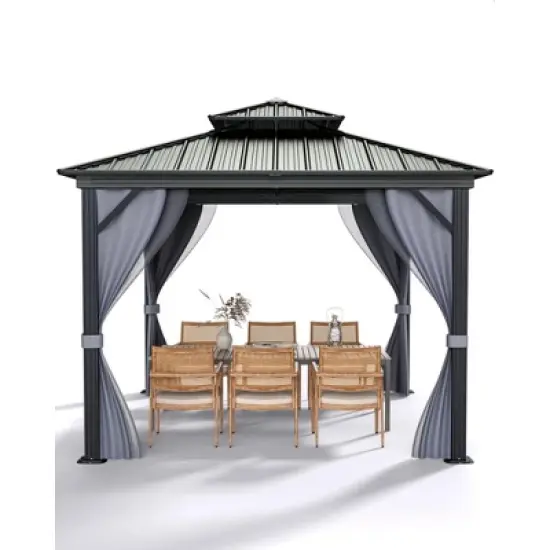 Outdoor Gazebo, Heavy Duty Hardtop Gazebo with Aluminum Frame, Double Roof Canopy, Curtains and Netting, Pergolas for Patios, Garden, Lawns image {8}