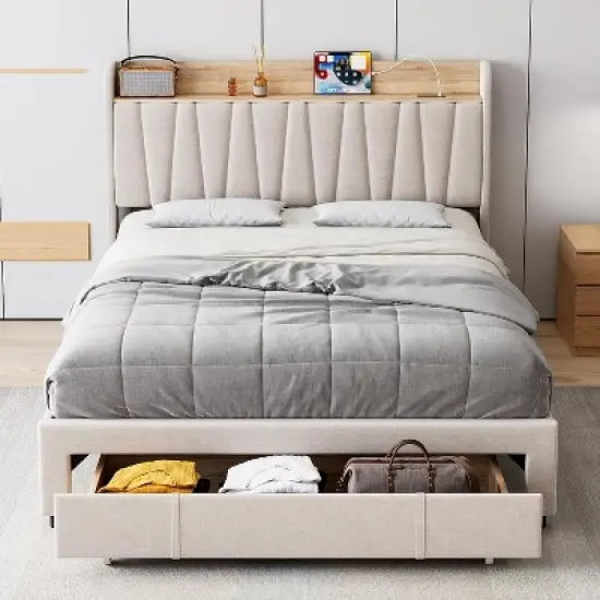 Full/Queen Size Upholstered Bed Frame with Storage Headboard, Drawer, Charging Station, Linen Platform, No Box Spring Needed image {1}