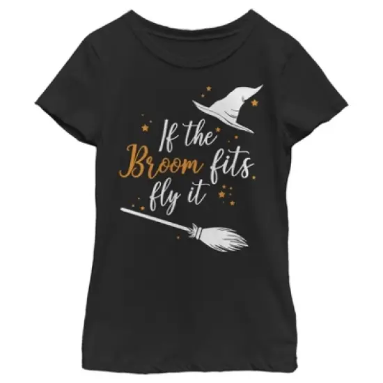 Girl's Lost Gods Halloween If the Broom Fits Fly It T-Shirt image {3}