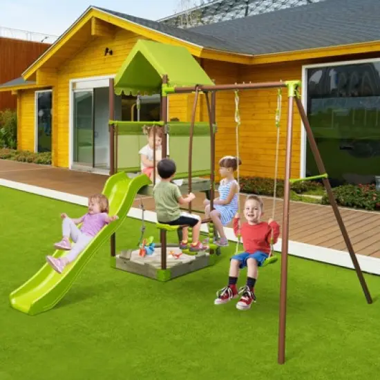 Infans 7-in-1 Swing Set with Covered Fort Height Adjustable Swing Climbing Rope Sandbox image {2}