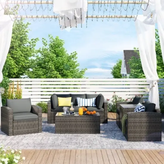 7pc Wicker Patio Seating Set with Cushions & Storage Box - Gray - GODEER image {1}