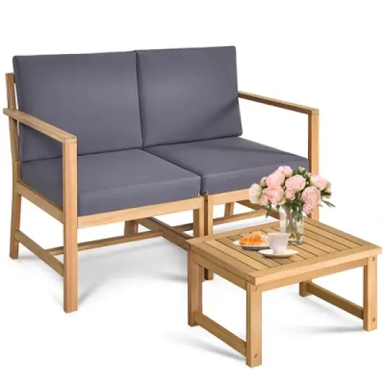 Tangkula 3 in 1 Patio Acacia Wood Table & Chairs Loveseat Bench with Coffee Table image {2}