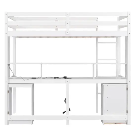 Loft Bed with Multi-Function Storage Table, LED Lights, Bedside Tray and Charging Station, White - ModernLuxe image {8}
