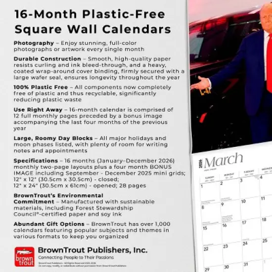 BrownTrout President Donald J. Trump 2026 12"x24" Hanging Square Wall Calendar Plastic-Free image {5}