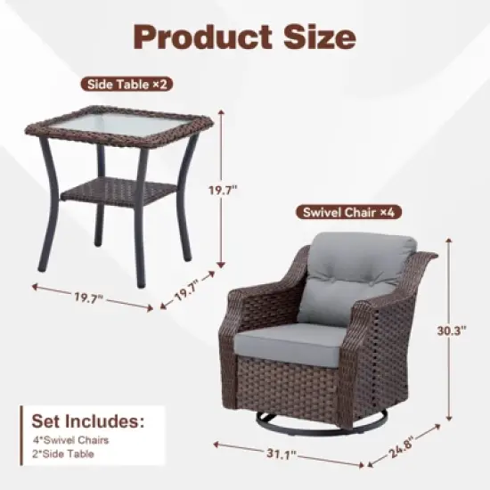 Buenhomino 6-Piece Outdoor Wicker Swivel Rocker Chair Set with 4 Chairs & 2 Tables, All-Weather PE Rattan Glider Chairs with Cushions for Patio image {3}
