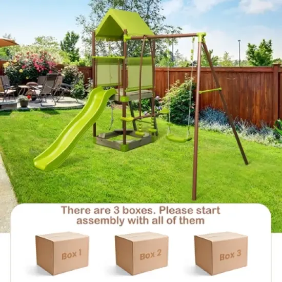 Costway 7-in-1 Swing Set with Covered Fort Height Adjustable Swing Climbing Rope Sandbox image {4}