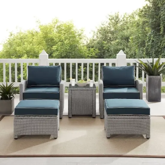 Bradenton 5pc Outdoor Wicker Seating Set with Side Table, 2 Arm Chairs and 2 Ottomans - Navy/Gray - Crosley image {2}