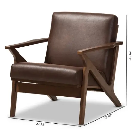 Bianca Mid Century Modern Walnut Wood Distressed Faux Leather Lounge Chair Dark Brown - Baxton Studio image {8}
