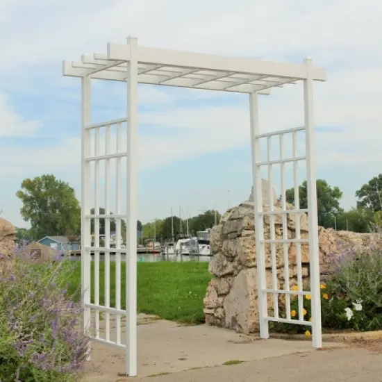 Dura-Trel Bakersfield 28 by 72 by 82 Inch Heavy Duty Weather Stabilized PVC Vinyl Outdoor Garden Arbor with Ground Anchors, White image {5}