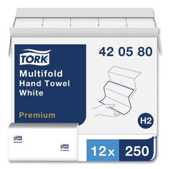 Tork Premium Multifold Towel, 1-Ply, 9 x 9.5, White, 250/Pack, 12 Packs/Carton image {1}