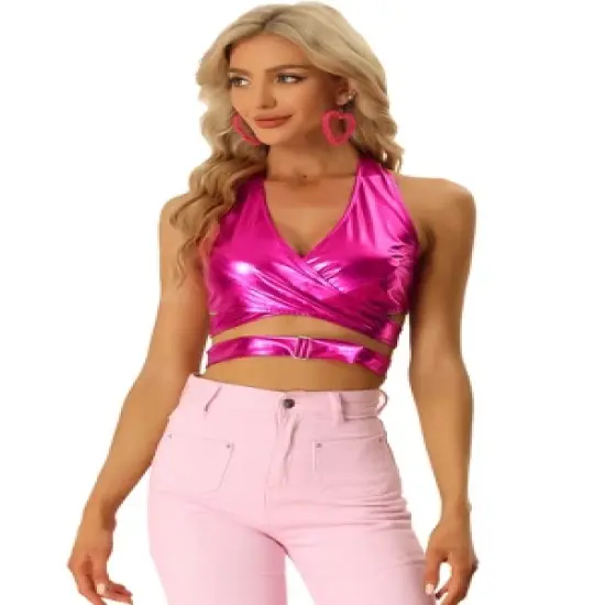 Allegra K Metallic Halter Neck Top for Women's Deep V Neck Backless Holographic Crop Tops image {6}