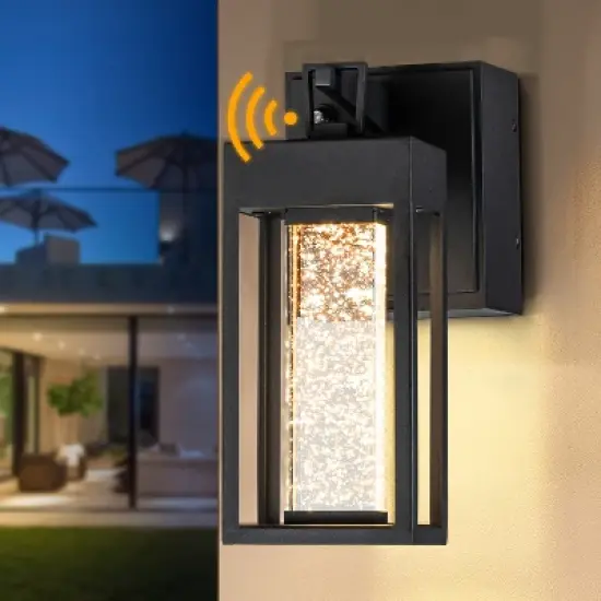 ALOADECOR Modern LED Outdoor Black Dusk to Dawn Sensor Wall Lantern Sconce with Seeded Glass and built-in GFCI Outlets image {12}