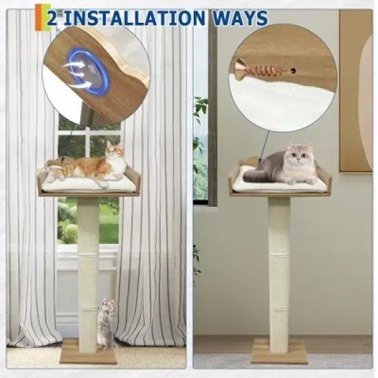 Cat Window Perch with Scratch Posts and 2 Platforms, 40" Adjustable Sisal Climbing Tree Hammmock with Suction Cups, 2 Install Ways, Cats Window Bed image {2}