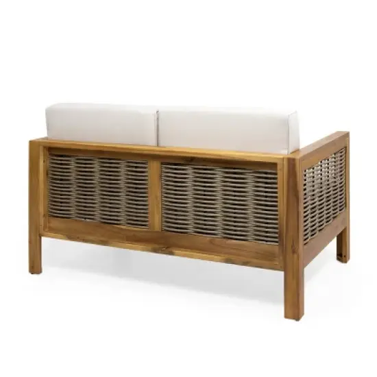 Christopher Knight Home Allegra Outdoor Acacia Wood and Wicker 4 Seater Chat Set with Cushions image {6}