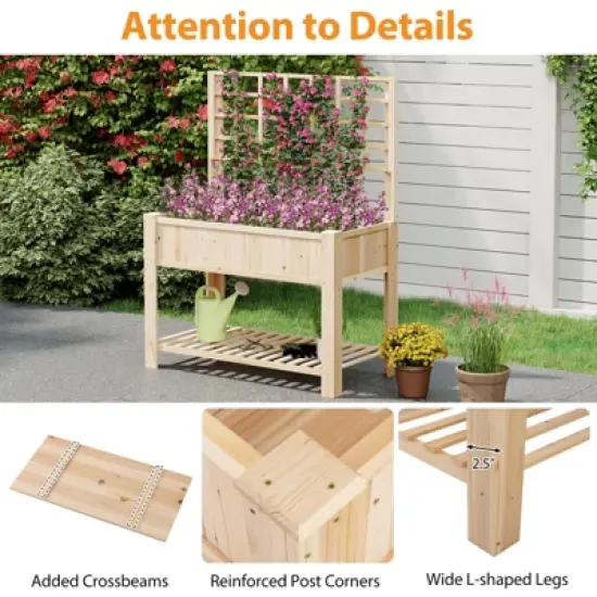 Tangkula Raised Garden Bed w/ Trellis Wooden Elevated Planter Box w/ Legs & Liner Natural image {7}