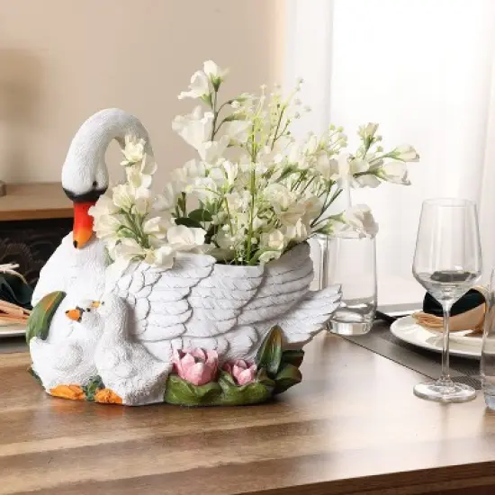 LuxenHome White Resin Swan Family Planter image {6}