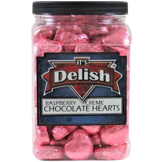Raspberry Cr&egrave;me Chocolates Hearts in Pink Foil by It's Delish, 2.5 LBS Jumbo Container image {2}