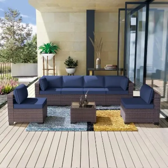 ALAULM Patio Furniture 7 Pieces Outdoor Sectional PE Rattan Sofa Set Brown Manual Wicker Patio Conversation Set image {11}