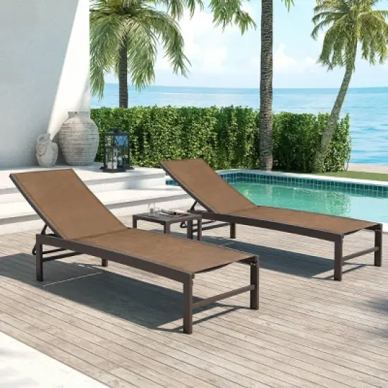3pc Outdoor Five Position Adjustable Curved Aluminum Lounge Set Brown - Crestlive Products image {2}