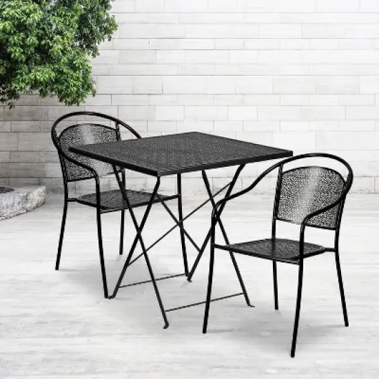 Emma and Oliver Commercial Grade 28" Square Black Folding Patio Table Set-2 Round Back Chairs image {1}