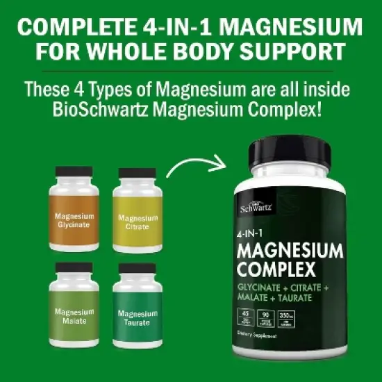 Magnesium Complex Supplement, Extra Strength 350mg Magnesium Glycinate Citrate, Supports Heart Health Sleep Nerves Muscles, Bioschwartz, 90ct image {3}