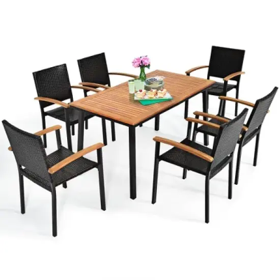 Costway 7 PCS Patio Rattan Dining Set Acacia Wood Table Top Stackable Chair image {1}