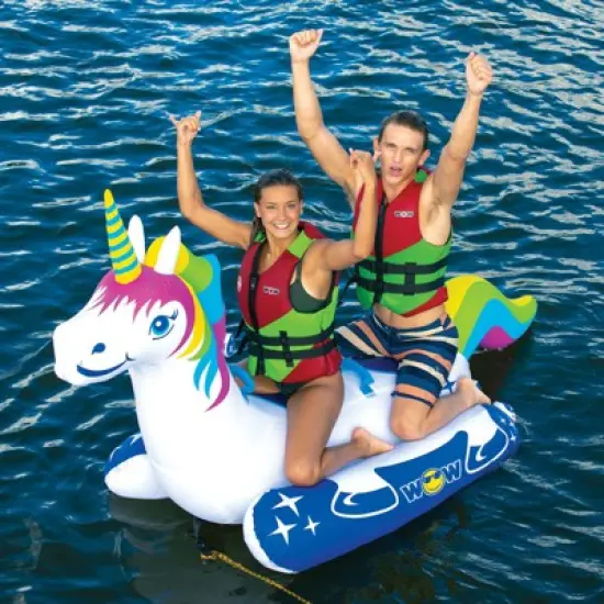 Wow Watersports Giant Rainbow Unicorn 2 Person Rider PVC Inflatable Pontoon Boating Ride On Lake Boat Towable Tube with 340 Pound Capacity image {2}