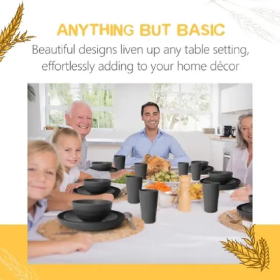 Itopfox 16-Piece Kitchen Plastic Wheat Straw Dinnerware Set for 4, Includes Plates, Bowls, Cups, Unbreakable for Camping, Outdoor, Home, Black image {5}