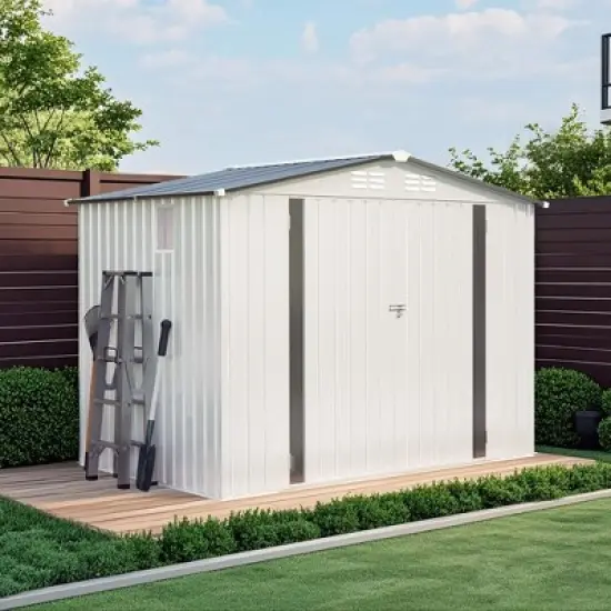 ORRD 8X6 FT Metal Outdoor Shed | Pitched Roof, Waterproof | Side Window, Lockable Door | Ideal for Garden Tools, Sundries & Bikes | White+Gray image {9}