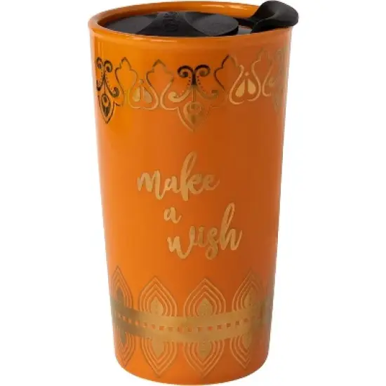 Disney Aladdin Travel Coffee Mug, 16oz - Insulated, Ceramic To-Go Cup with Lid - Gold Genie Lamp & Make A Wish Design - Gift for Teen, Adults & image {2}