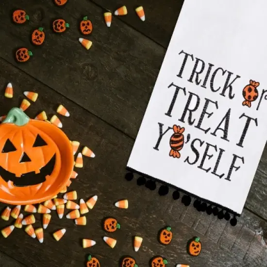 C&F Home Treat Yo'self Halloween Embroidered Cotton Flour Sack Kitchen Towel With Pom Poms Decor Decoration Decor image {2}