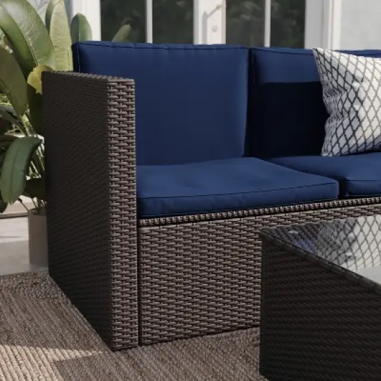 Emma and Oliver All Weather Wicker PE Rattan L-Shaped Sectional Sofa with Coffee Table and Included Back and Seat Cushions image {3}