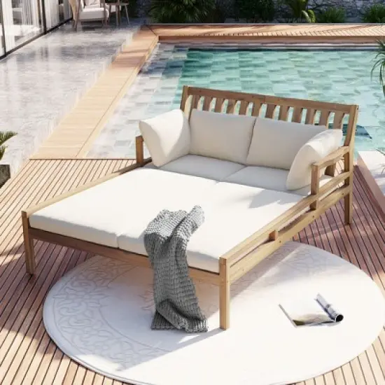 Whisen Outdoor Daybed, Patio Daybed with Four Pillows, Wooden Outdoor Bed with Curved Armrests image {16}