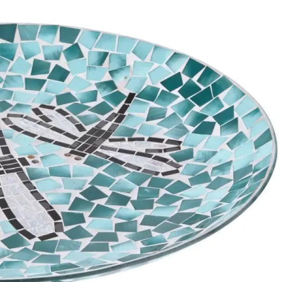 23" Outdoor Mosaic Dragonfly Glass Birdbath Bowl with Metal Stand Turquoise Green - Alpine Corporation image {6}