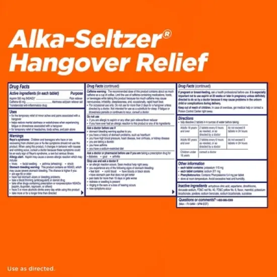 Alka-Seltzer Hangover Relief, Orange Fizz, Effervescent Tabs 20Ct image {1}