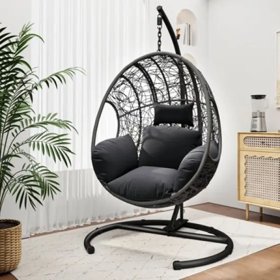 Okak PE Wicker Egg Swing Chair with Stand,Indoor/Outdoor Hanging Chair with Cushion,Porch Swing for Patio,Garden,Backyard image {1}