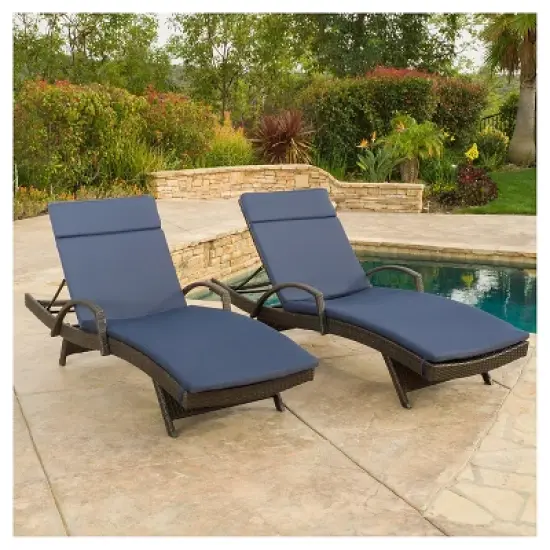 Salem Set of 2 Brown Wicker Adjustable Chaise Lounge with Arms - Navy Blue - Christopher Knight Home: Weather-Resistant, Cushioned, Patio Furniture image {1}