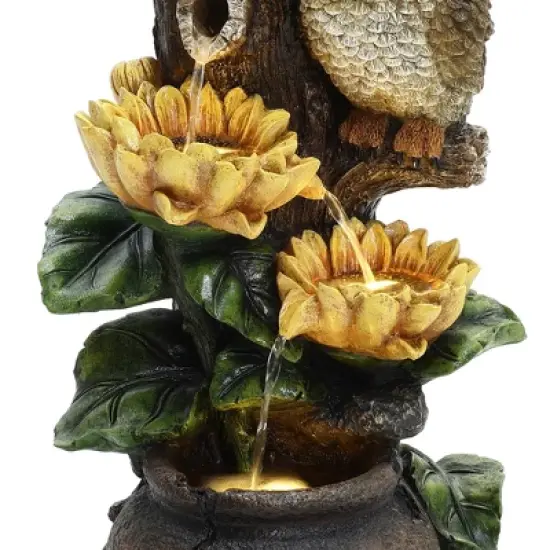 LuxenHome 28 Inch Outdoor Water Fountain, Owl and Sunflower Cascading Waterfall Fountain Outdoor and Indoor with LED Lights Brown image {6}