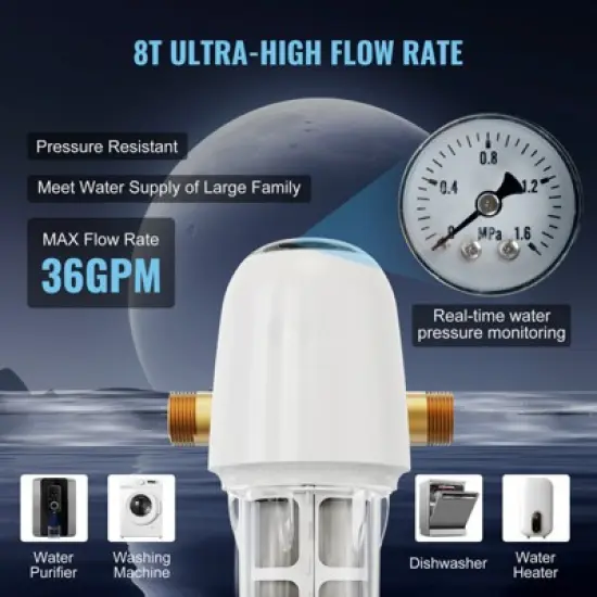 VEVOR Spin Down Filter, 40 Micron Whole House Sediment Filter for Well Water, 1" MNPT + 3/4" FNPT, 8 T/H High Flow Rate, White image {4}