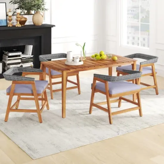 Tangkula 5PCS Patio Dining Set Solid Wood Furniture w/ Rattan Backrest & Seat Cushions image {3}