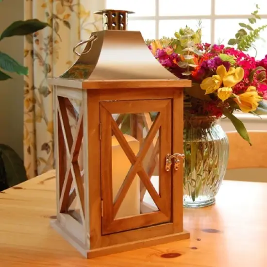 LumaBase Wooden Lantern with Battery Operated Candle - Natural with Copper Roof image {4}