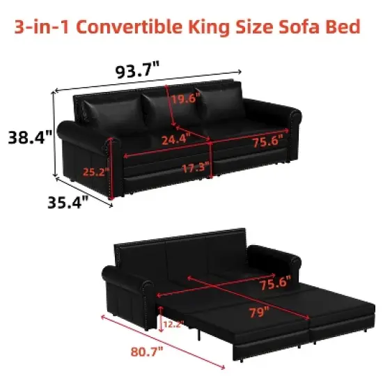 NicBex Modern Pull Out Sofa Bed Faux Leather Convertible Sleeper Sofa with Nailhead Trim and Rolled Arm for Living Room image {1}
