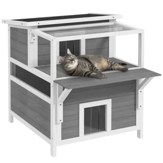 PawHut Outdoor Cat House with Balcony, Feral Cat Shelter with Weatherproof Openable Top, Escape Door, Removable Panel & Floor, for Backyard, Outside image {6}