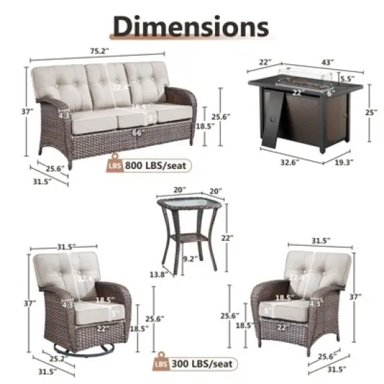 Belord Brown Wicker 7 Piece Patio Furniture Set with 5" Thick Cushions, Outdoor Fire Pit Table Set with Swivel Gliding Rocker Chairs and Club Chairs image {15}