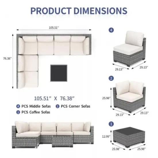 7-Piece Outdoor Patio Furniture Set with Glass Top Coffee Table, PE Rattan Wicker Sectional Modular Conversation Sofa Set w/ Cushions for Patio image {1}