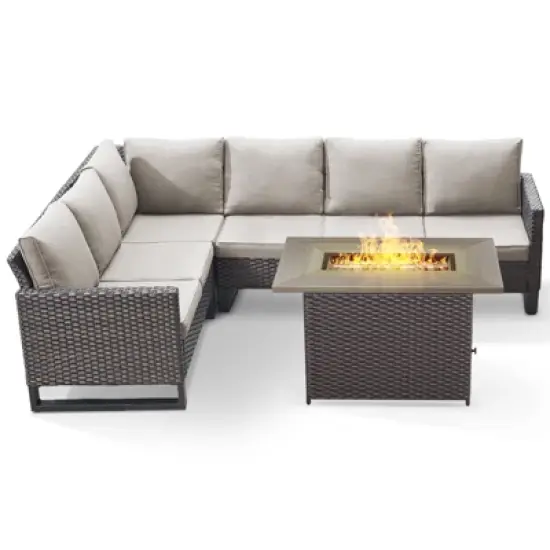 POCASSY All Weather Brown Wicker Outdoor Sectional Sofa with Fire Pit Table, 4PCS Patio Furniture Set with 41" Propane Firepit Table for Outside image {2}