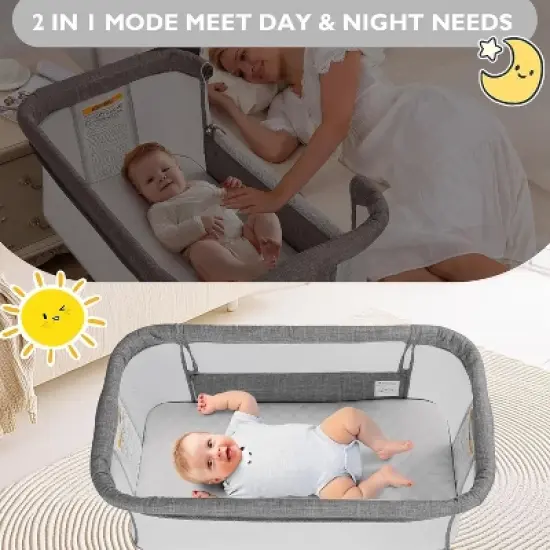 Kinder King Baby Bassinet 2 in 1 Bedside Sleeper,Folding Portable w/Storage Basket All-Sided Mesh 6 Adjustable Height Comfy Mattress image {2}