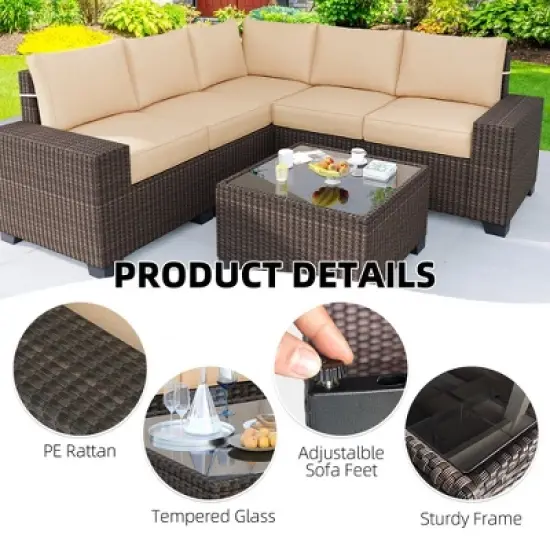 6 Pieces Outdoor Patio Furniture Set, Wicker Patio Conversation Set Sectional Sofa, Brown Patio Sofa with 5 Navy Blue Cushions and 1 Coffee Table image {1}